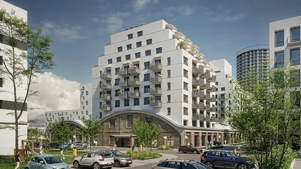 A rendering of a building with multiple balconies.