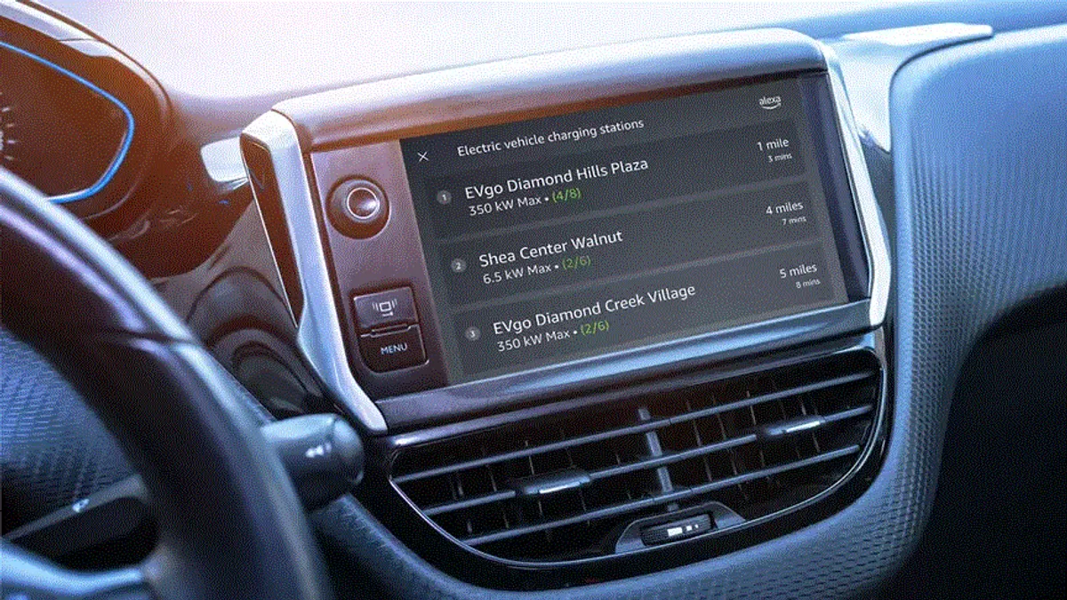 An image showing a car dashboard listing area EV charging stations.