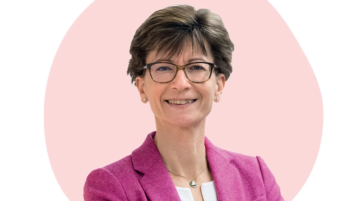 Anne-Françoise Nesmes, CFO of Smith & Nephew, is wearing a pink jacket.