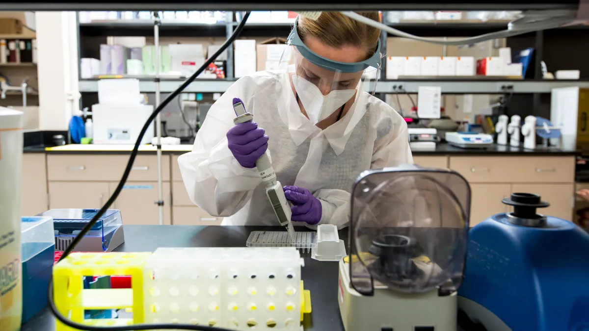 A person fills multiple pipettes at once in a laboratory.