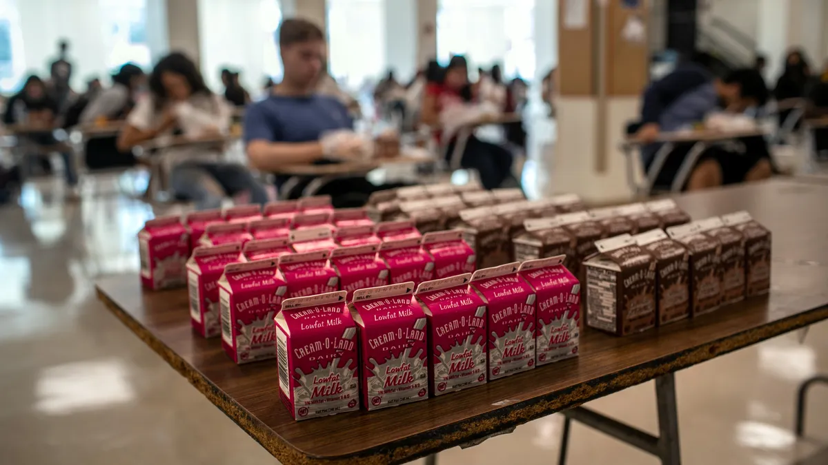 A tray of milk cartons in a school lunchroom with students in the background.