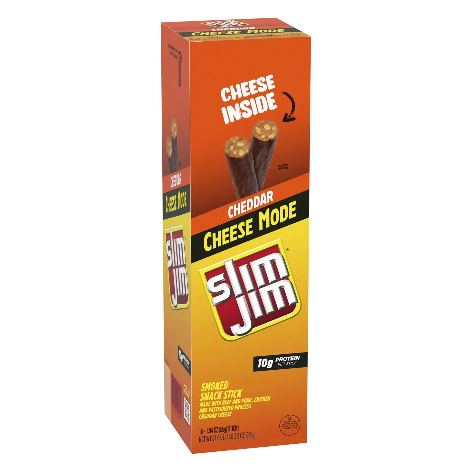 An orange and yellow box with a picture of a meat stick on the side and text that says "Cheese inside. Cheddar cheese mode. Slim Jim smoked snack stick."
