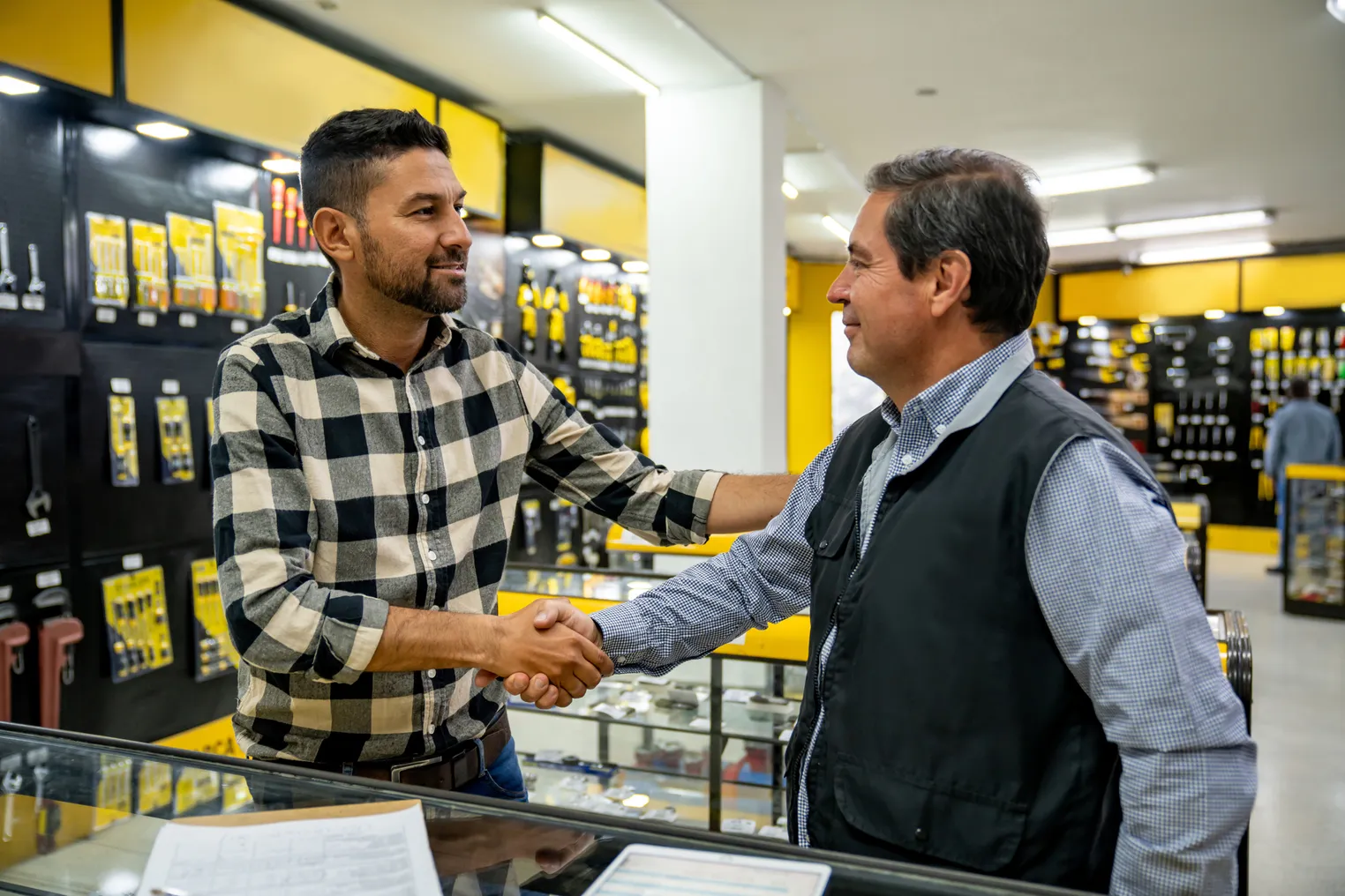 A store associate helps a customer in a hardware store