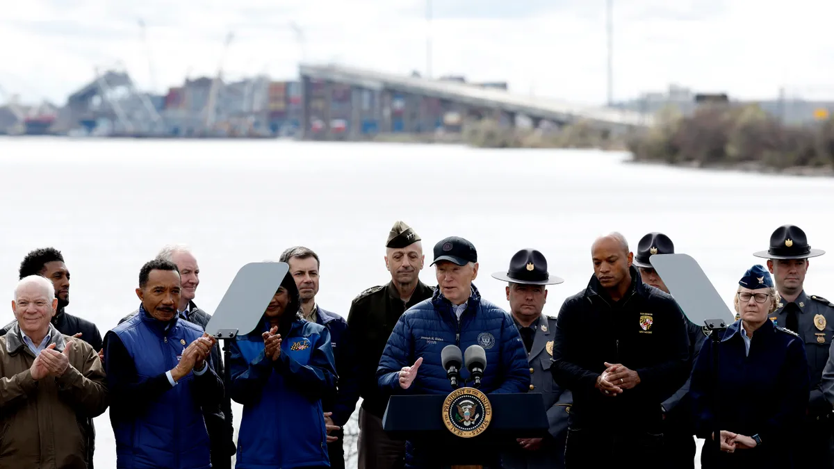 President Joe Biden delivers remarks at the Maryland Transportation Authority Police headquarters, near the site of the collapsed Francis Scott Key Bridge, on April 05, 2024 in Baltimore, Maryland.