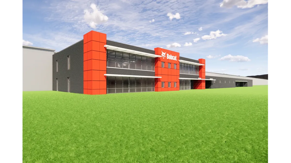 A rendering of a black, red, and gray building with the white Bobcat logo in the middle, and grass in front of the building.