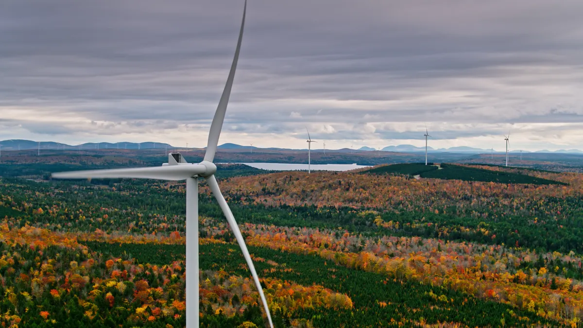 Aerial shot of New England countryside on an overcast day in fall.