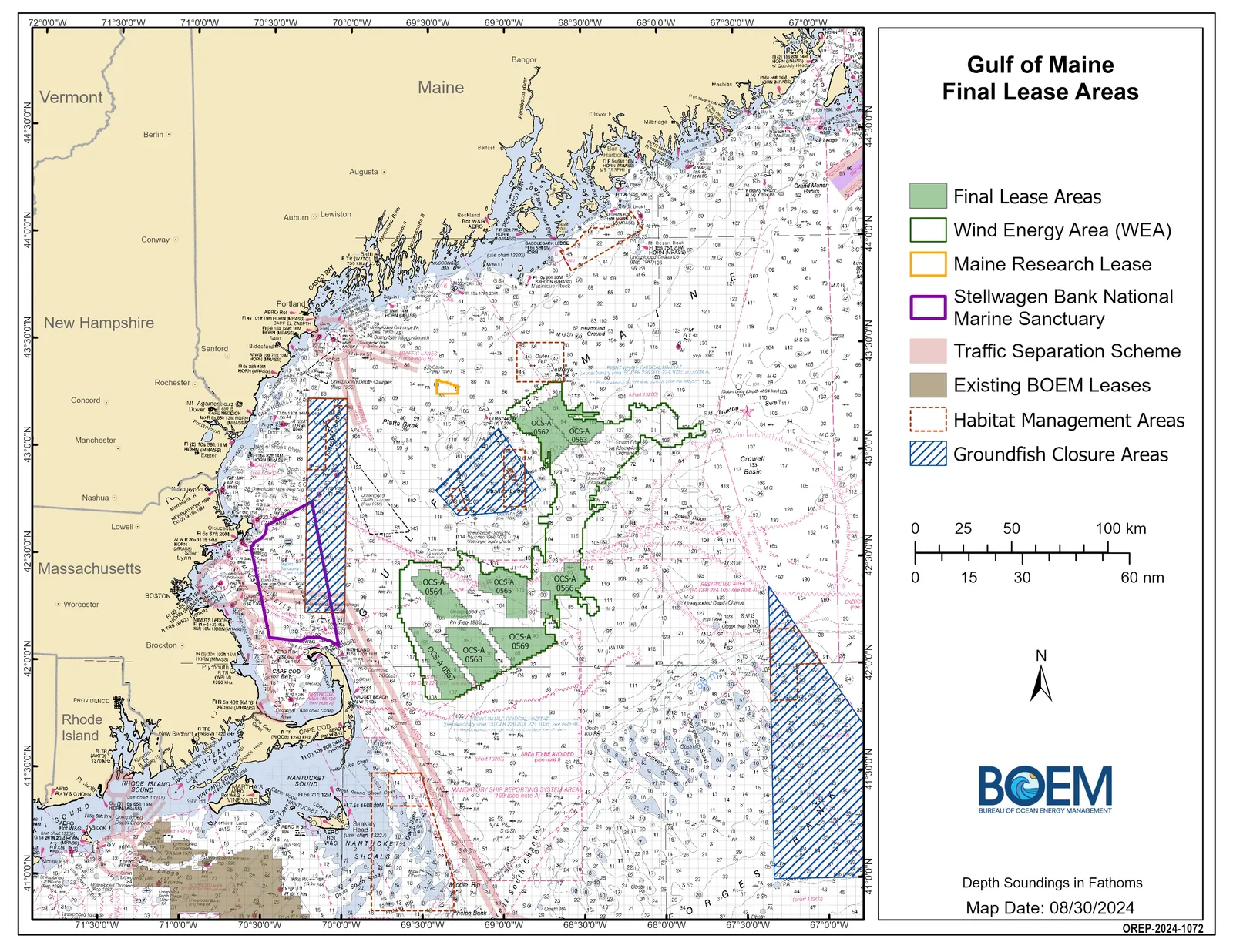 A map of planned wind lease areas in the Gulf of Maine.