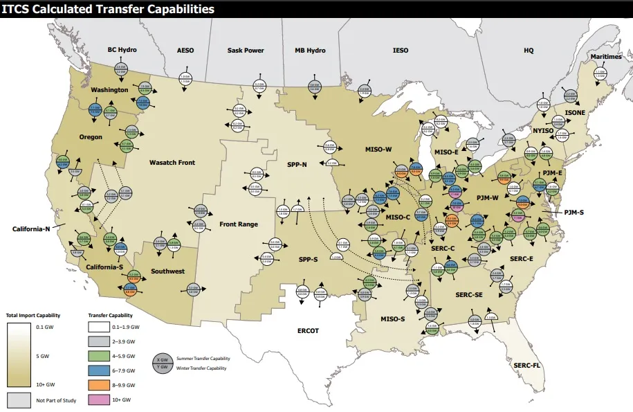 Map shows interregional transfer capacity between NERC transmission planning regions.