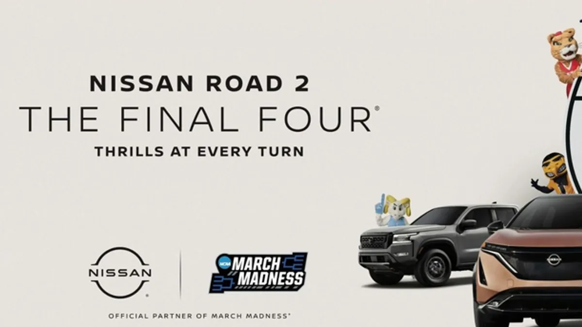 Nissan's March Madness banner, featuring mascots and a lineup of cars.