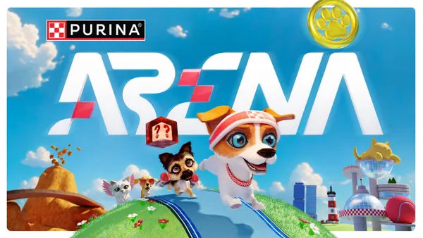 Virtual cats and dogs race on a track in a promotional still for Purina's Roblox game