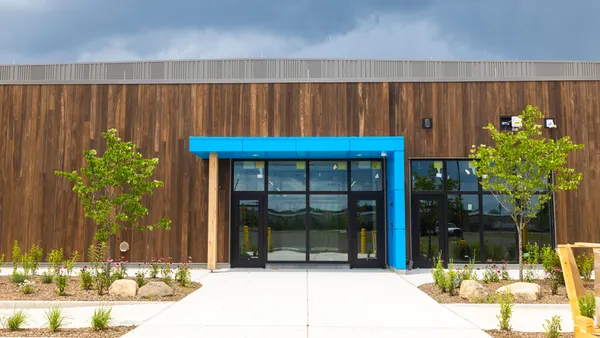 A view from the front of Amazon's mass timber delivery facility in Elkhart, Indiana