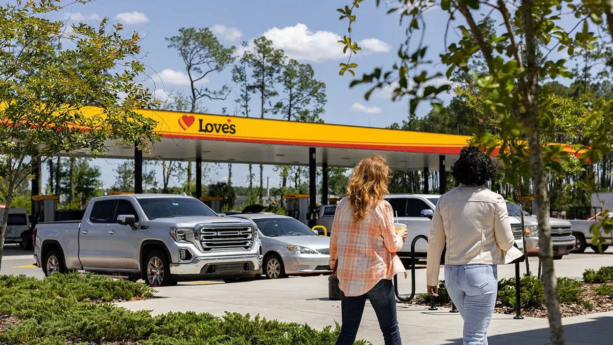 A photo of the fuel pumps at a Love's location.