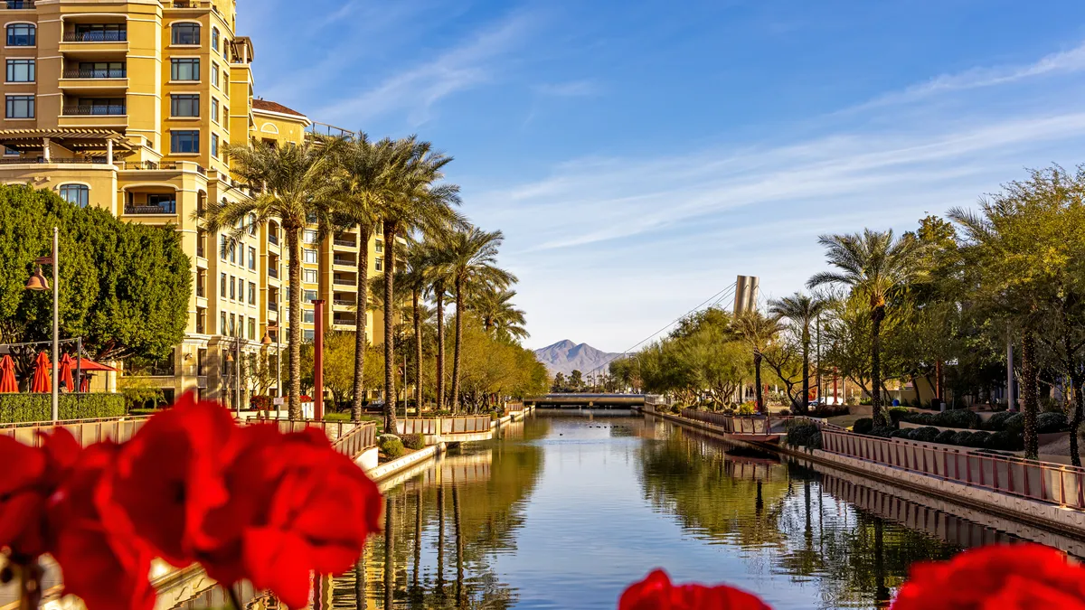 Daytime scene of a housing and shopping district in Old Town Scottsdale, Arizona