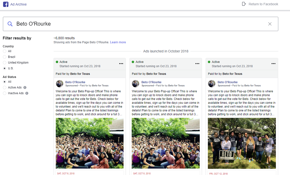 Facebook Ad Archive report example