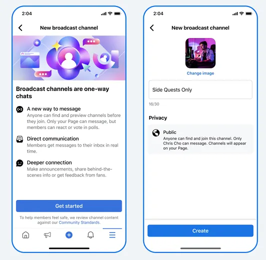 Facebook broadcast channels