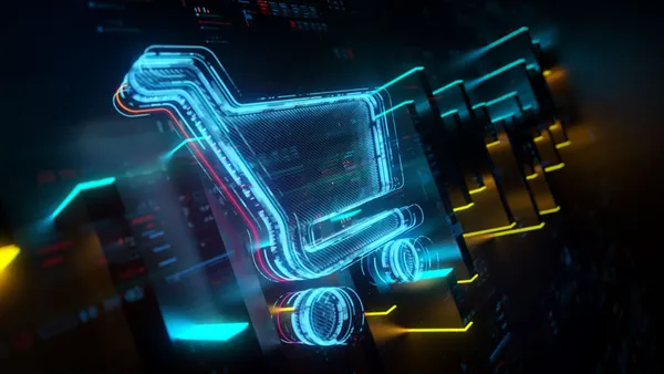 A shopping cart moves across a blue, digital landscape.