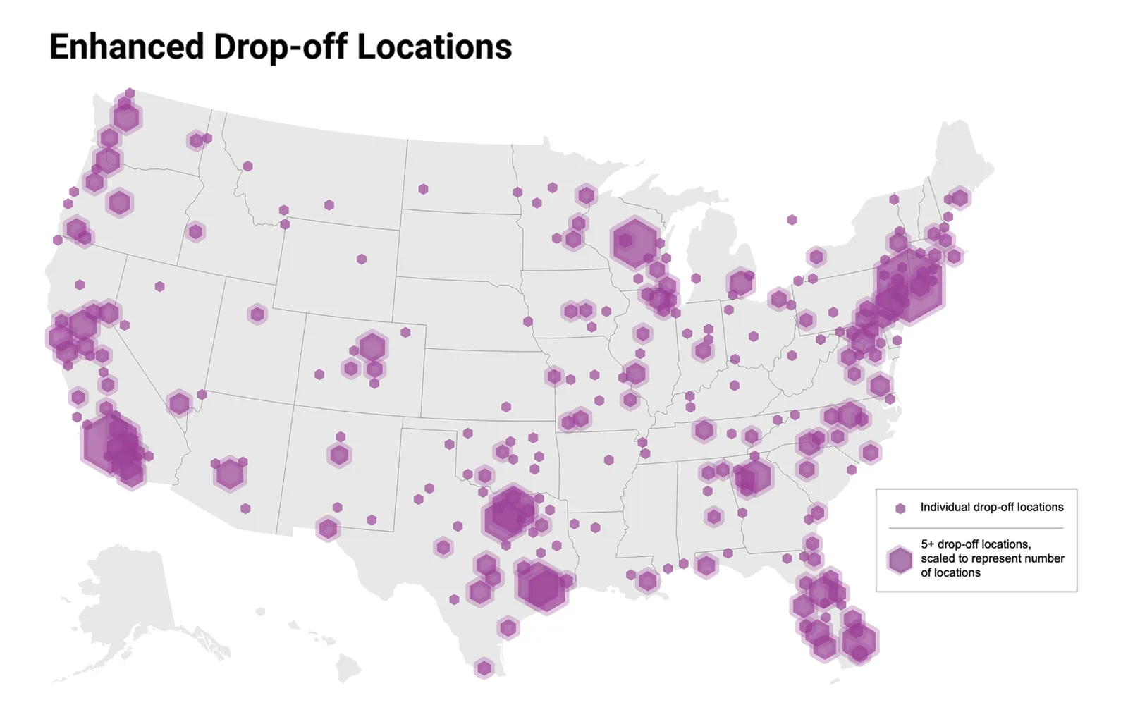 A map of drop-off locations in the Pitney Bowes and PackageHub network.