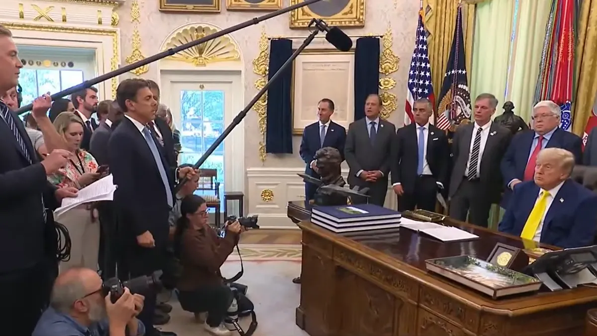 President Trump answers questions about funding and projects to support coal power at an event at the White House.