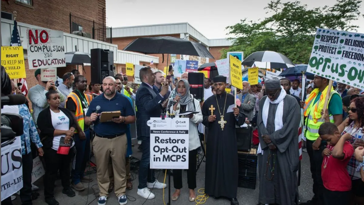 Protestors from different faiths gather at a rally in Rockville, Maryland