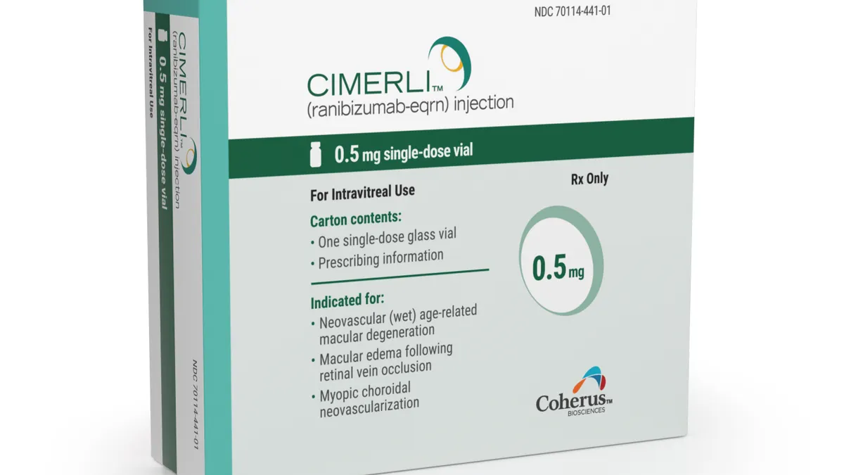 A prescription drug carton with information for the biosimilar medicine Cimerli is pictured against a white background.