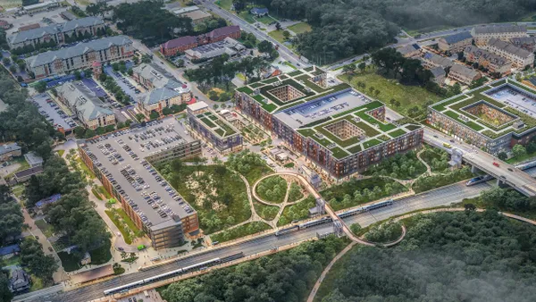 Rendering of an aerial view showing new development opportunities at a train station.