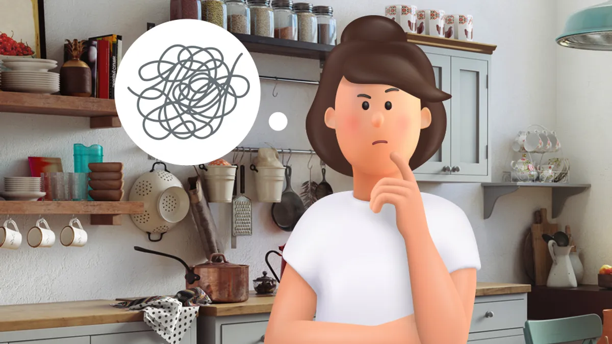 Cartoon woman standing in a modern kitchen with confused thought bubble