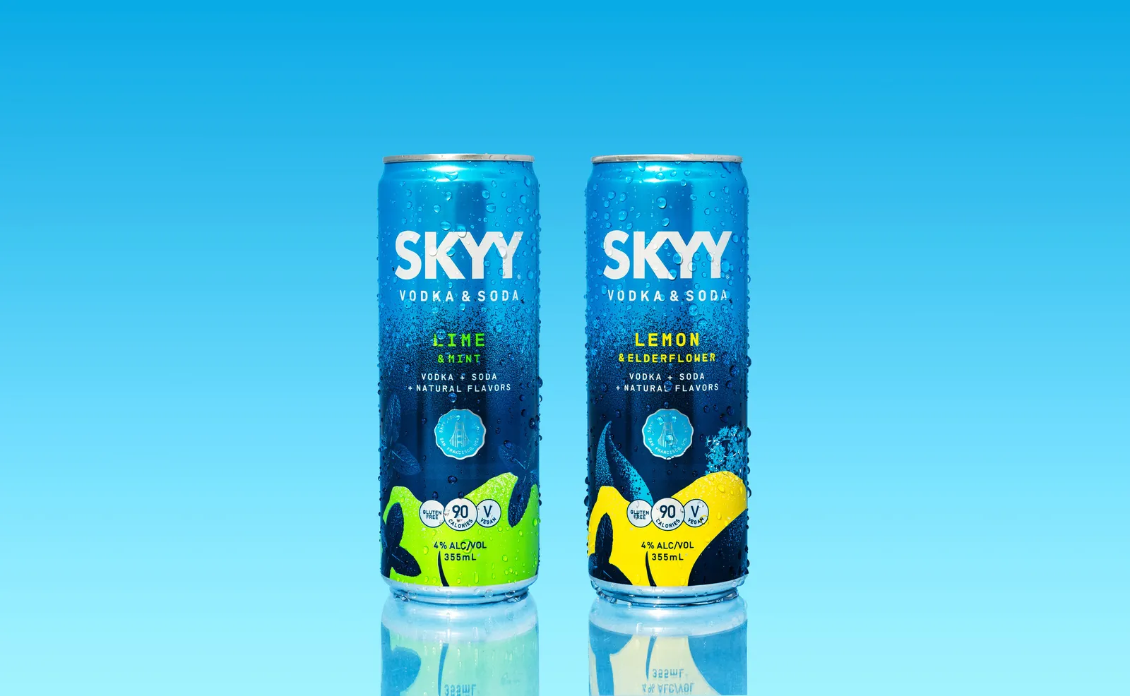 A photo of cans of Skyy Vodka &amp; Soda against a blue background