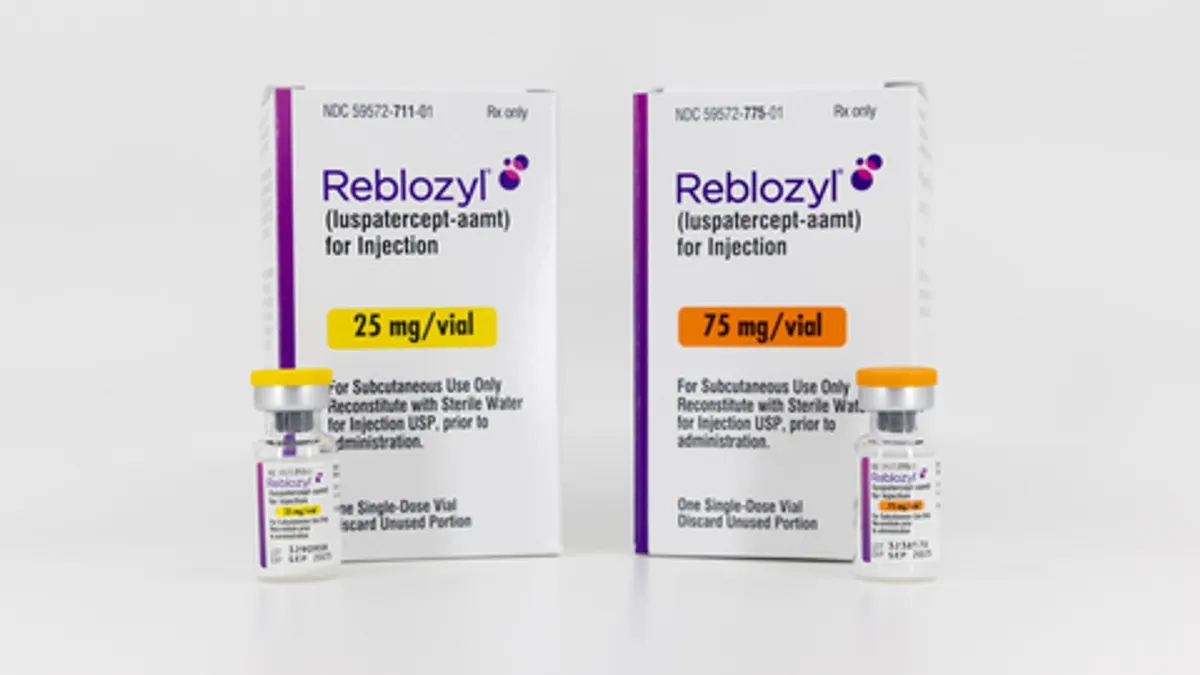 Cartons of Bristol Myers Squibb's drug Reblozyl are seen against a white background.