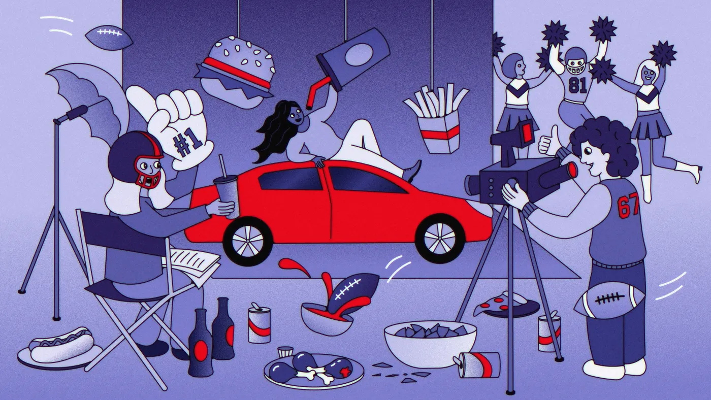 A flat, cartoon-style scene shows a bright red car at center, with a woman lounging on its roof and a person in a football helmet sitting in a director’s chair to the left. On the right, a person films with a camera on a tripod while cheerleaders and a football player jump in the background, and scattered snacks and floating items like a burger, fries, and footballs fill the scene.