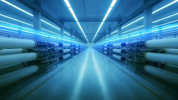 A room in an industrial facility with two rows of missiles under a blue light.