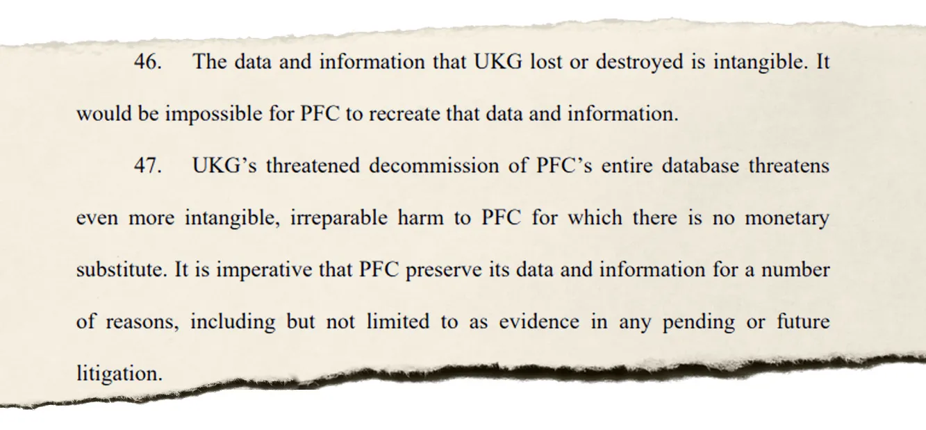 A piece of paper reads " 46. The data and information that UKG lost or destroyed is intangible. It would be impossible for PFC to recreate that data and information ..."