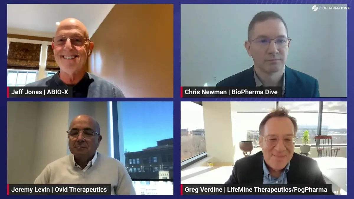 A screenshot of BioPharma Dive editor Chris Newman speaking with three biotech executives during an online webinar