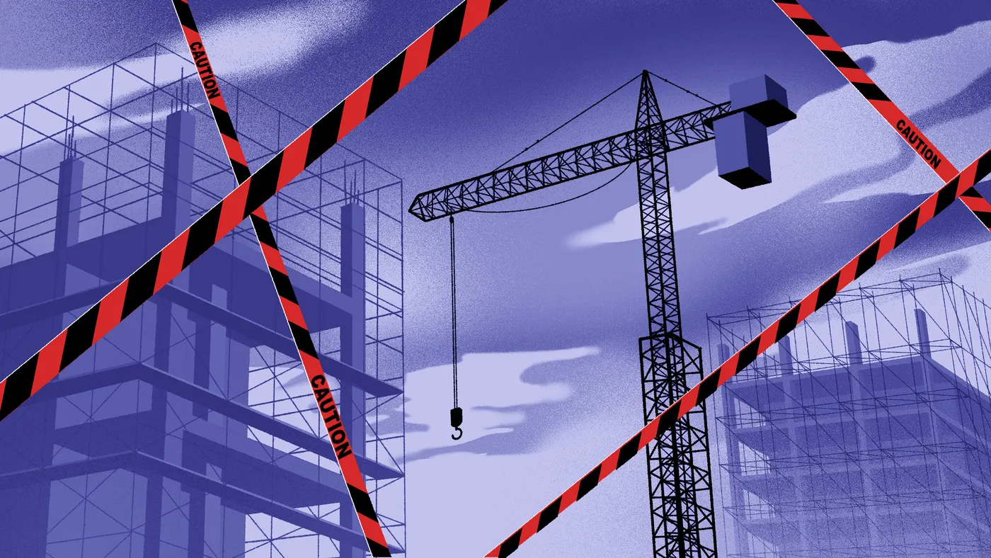 An illustration of a construction site is framed by caution tape.