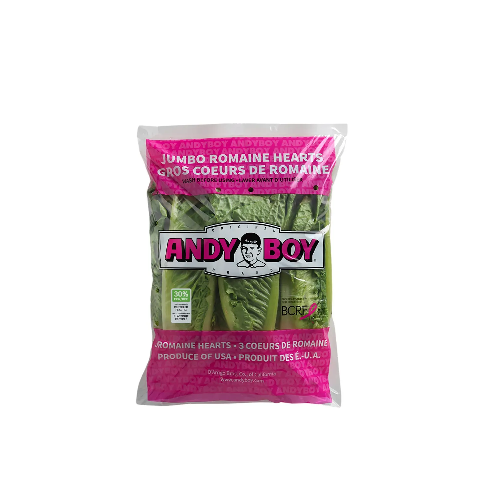 Romaine hearts in a plastic bag that has "Andy Boy" branding on the outside.