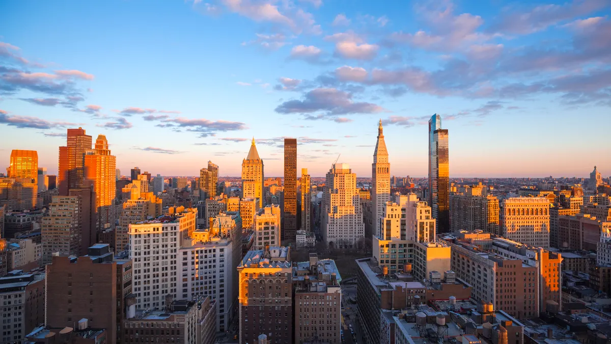 The skyline of Manhattan's Chelsea neighborhood at sunset.