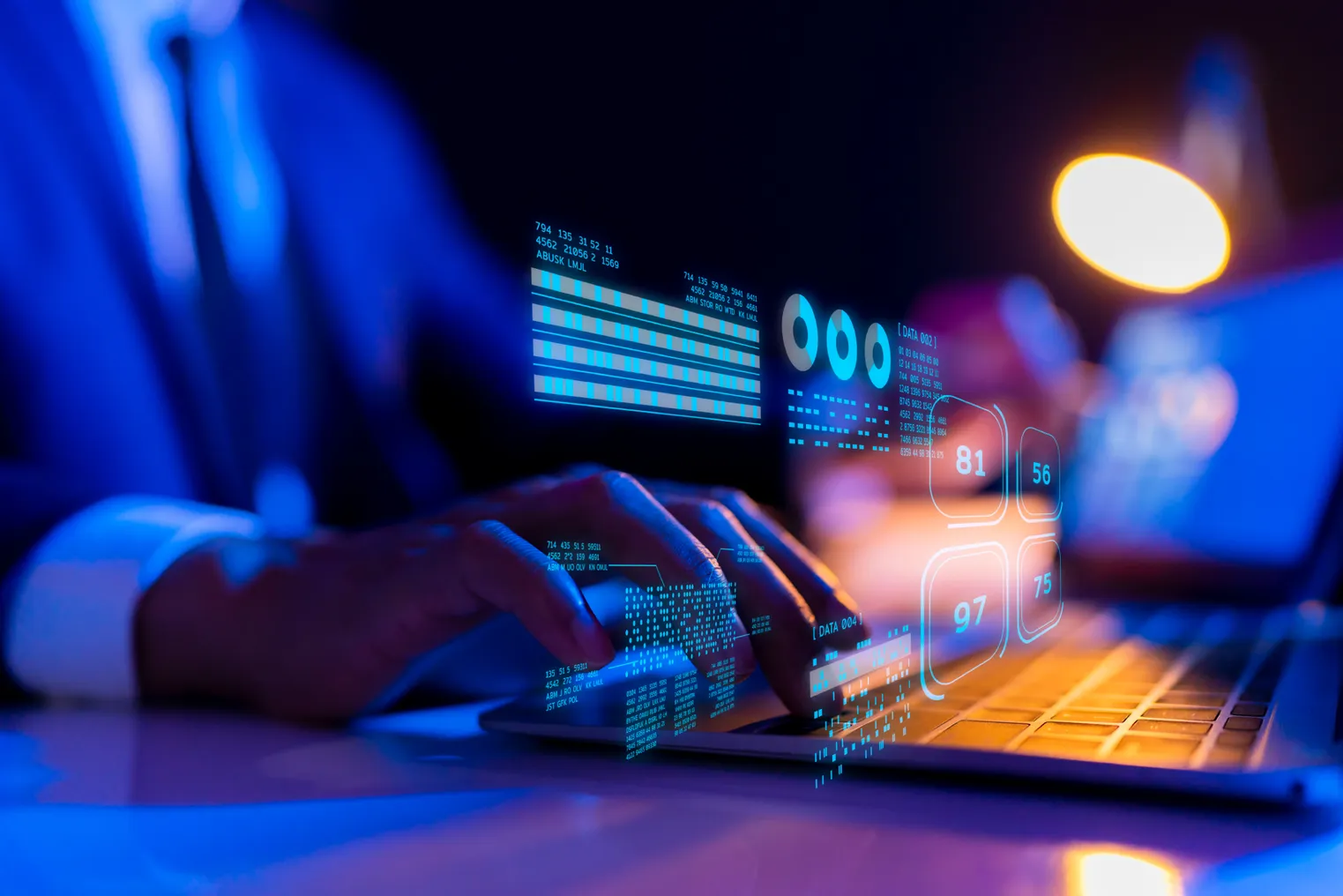 Finance business investment data analytics strategy report, crypto currency blockchain stock exchange graph chart and business man in suit typing on keyboard computer, financial and technology.