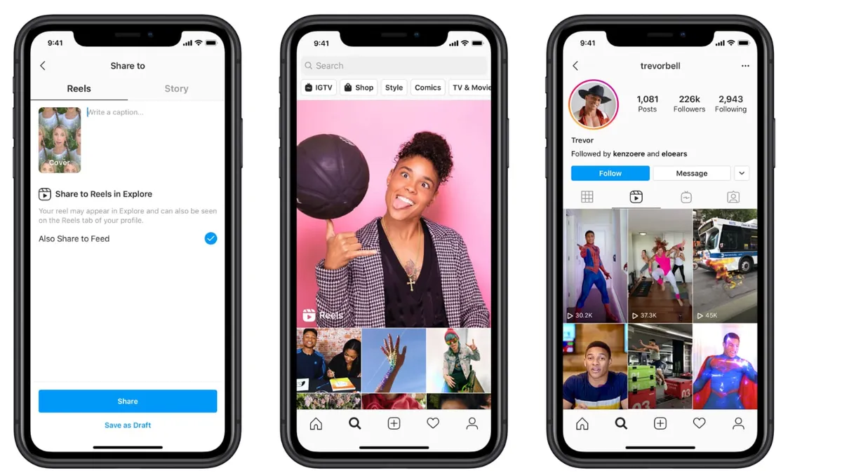 Instagram Reels as pictured on three smartphones