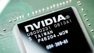 A close-up image of an Nvidia chip on a computer motherboard.
