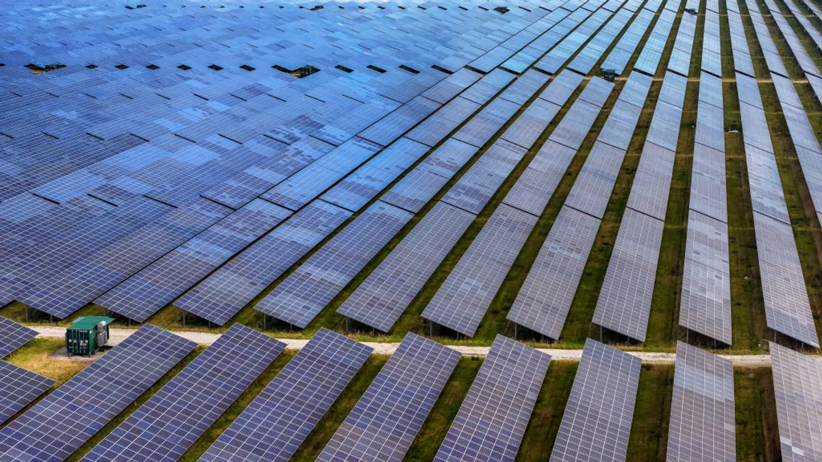 An aerial view of the Shotwick Solar Energy Park on February 25, 2025 in Deeside, Wales.