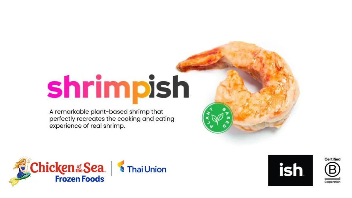 A plant-based Shrimpish curl, which is the same pinkish hue as actual shrimp, on a white background with logos for Shrimpish, Chicken of the Sea Frozen Foods, Thai Union, Ish and Certified B Corp.