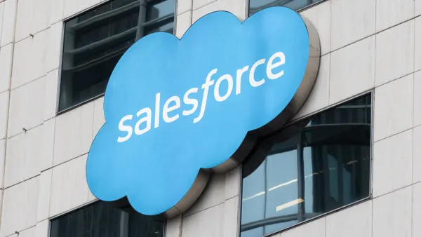 The Salesforce light-blue cloud logo displayed at the software company's San Francisco office on Feb. 25, 2026.