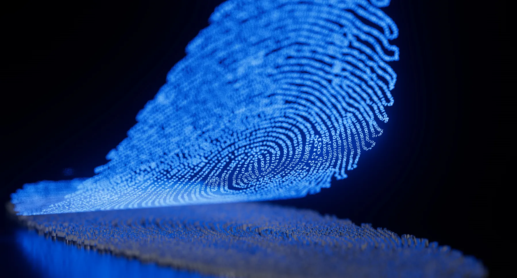 A digital blue fingerprint lifted being lifted off a mirrored surface against a black background. Binary code makes up the fingerprint.