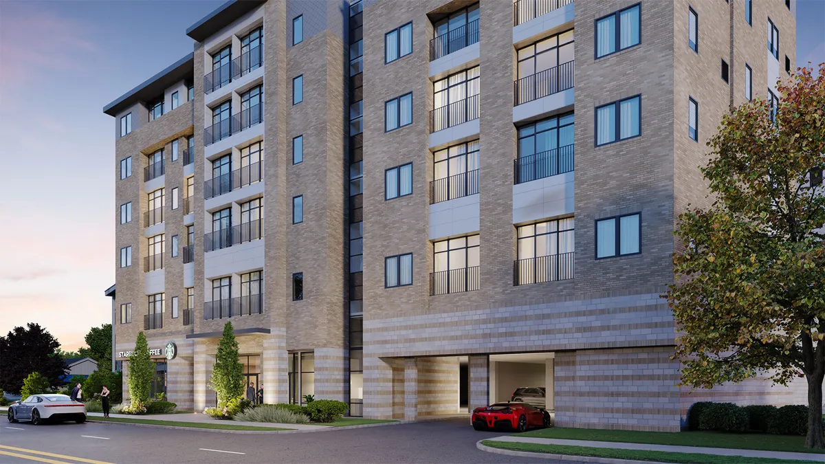 A rendering of a mid-rise apartment building.