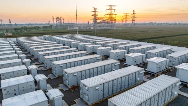 An energy storage power station at sunrise.