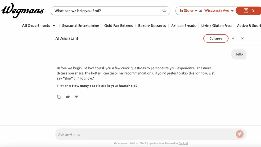 Screenshot of Wegmans' AI assistant.