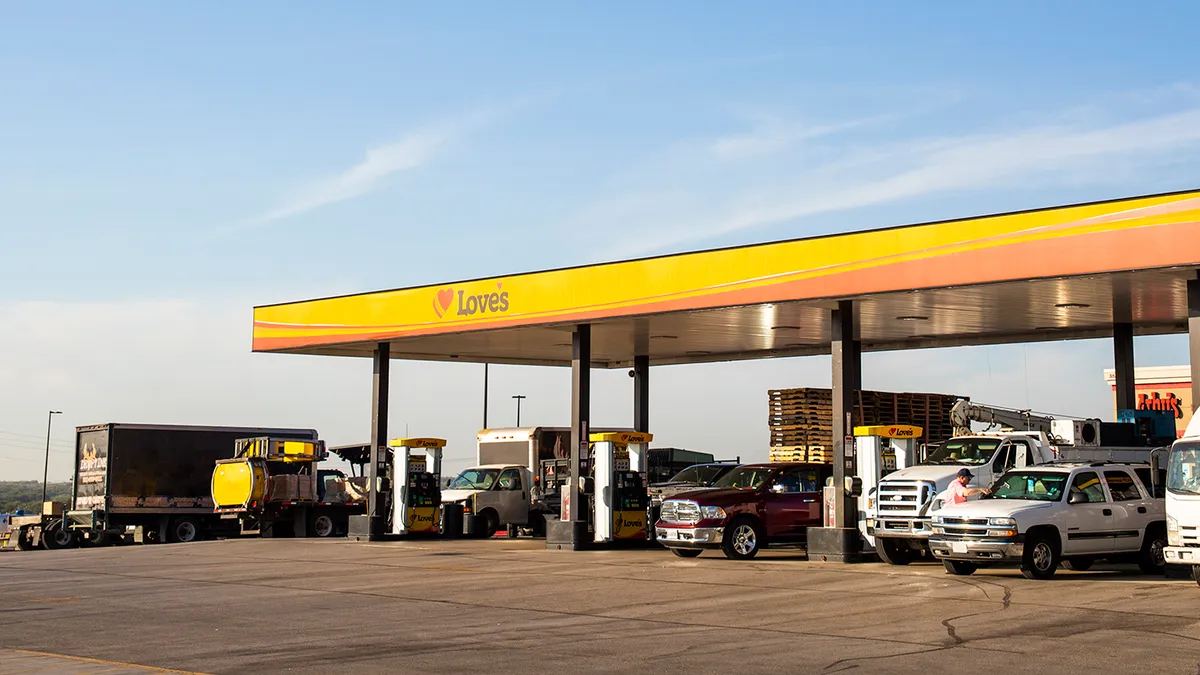 Love's Travel Stop in Iowa, with an Arby's behind the fuel pumps