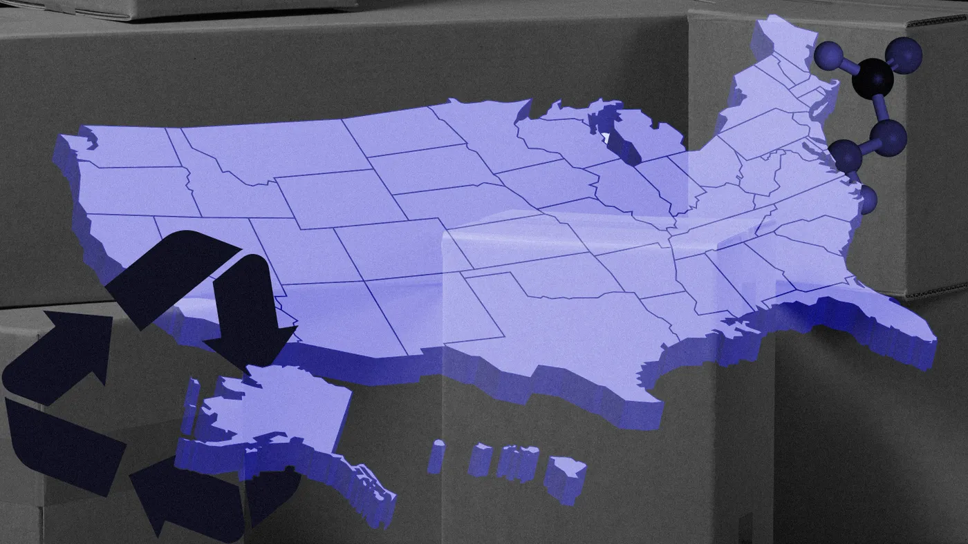 A US map is overlaid on cardboard boxes with a recycling and pfa symbol.