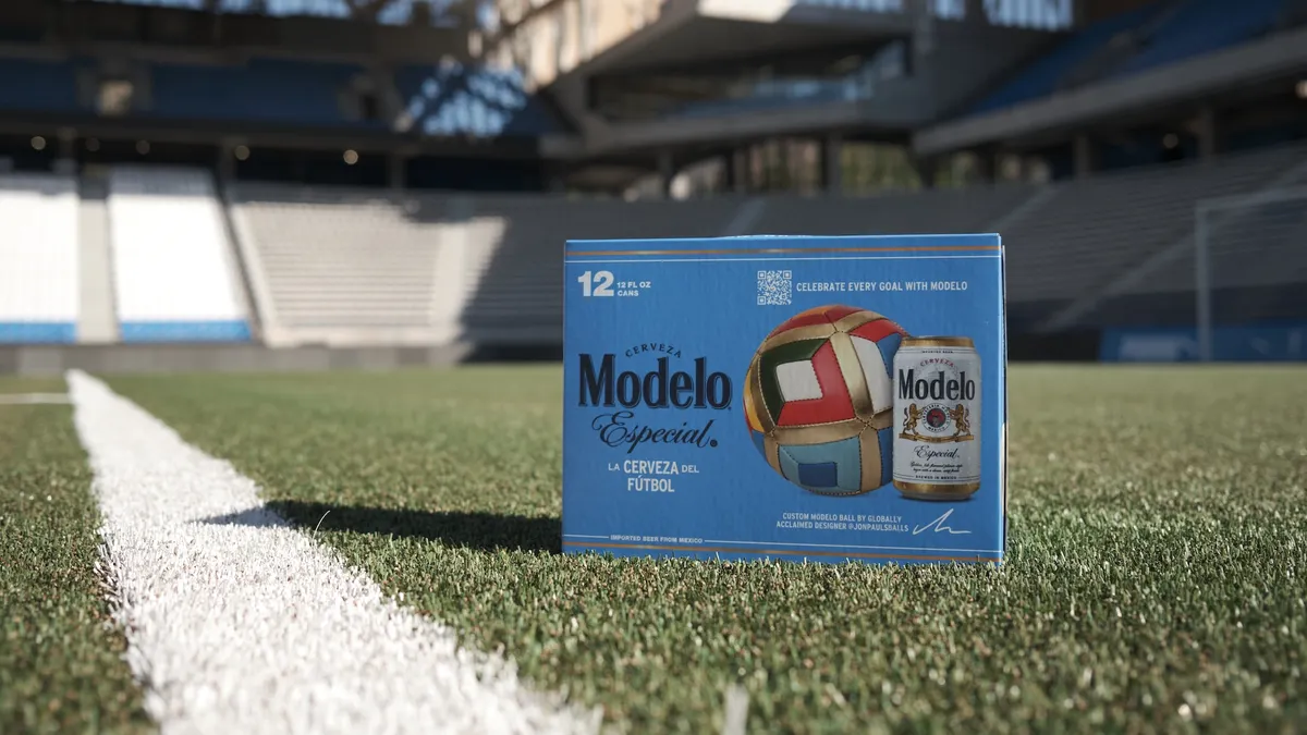 A case of Modelo in a soccer stadium