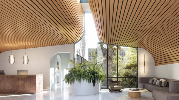 A room with a wood-look ceiling.