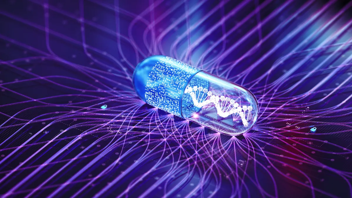 Digital illustration of a capsule containing a DNA helix and electronic circuitry against a purple and blue digital network.